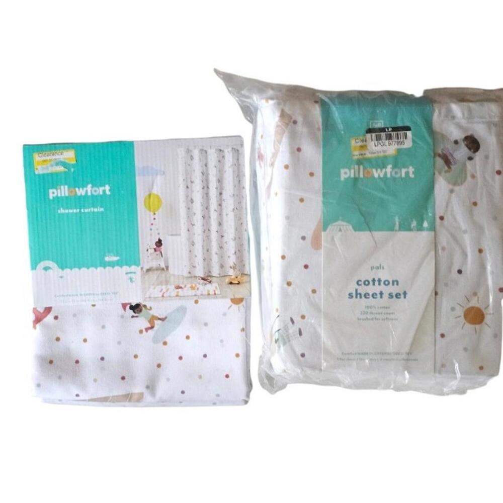 Pillowfort Kids Cotton Pals Sheet Set Full Size And Fabric Shower Curtain NEW